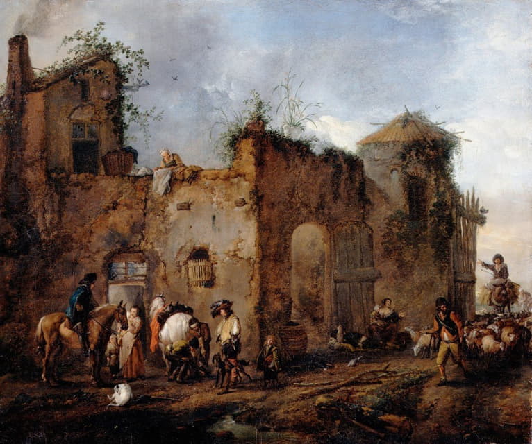 Philips Wouwerman - Courtyard with a Farrier shoeing a Horse