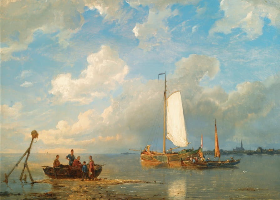 Pieter Cornelis Dommersen - Shipping In A Dutch Estuary At Low Tide