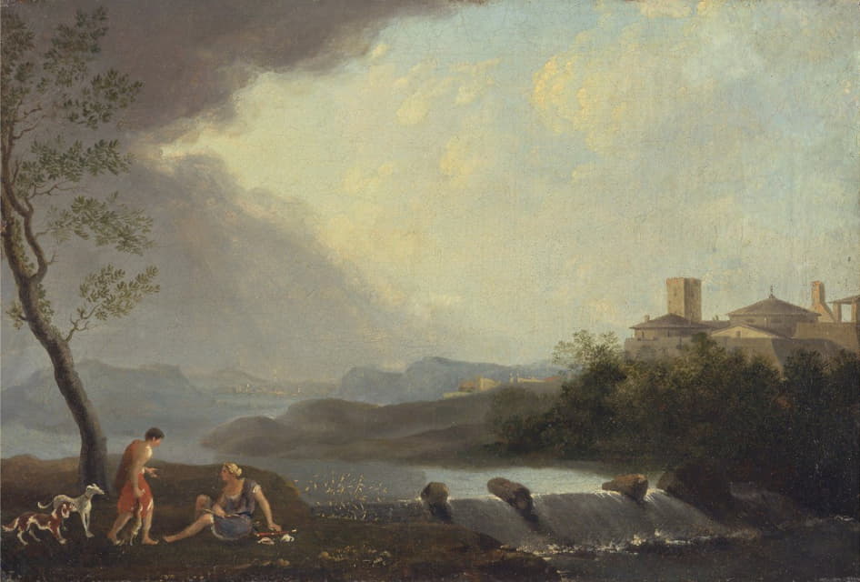 一幅想象中的意大利风景画，带有古典人物和瀑布