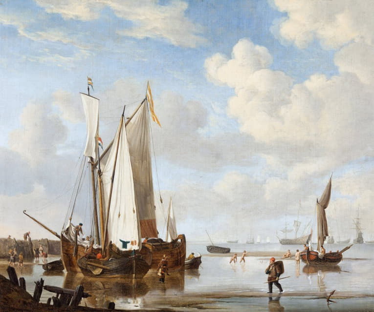 Willem van de Velde the Younger - A wijdschip and a kaag in an inlet close to a sea-wall