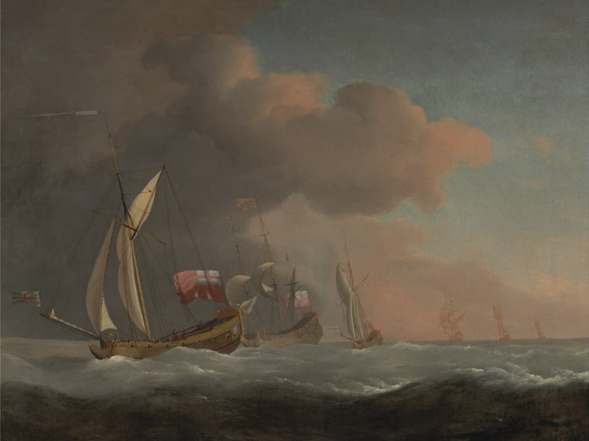 英国皇家游艇在海上迎着强风，伴随着一艘船飞行着皇家标准