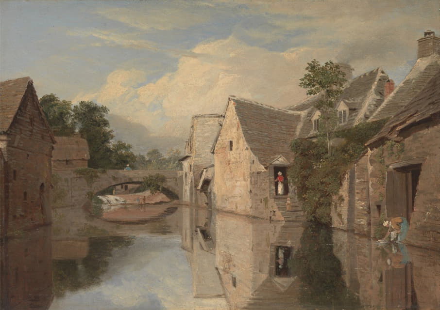 William Linton - Cottages by a River