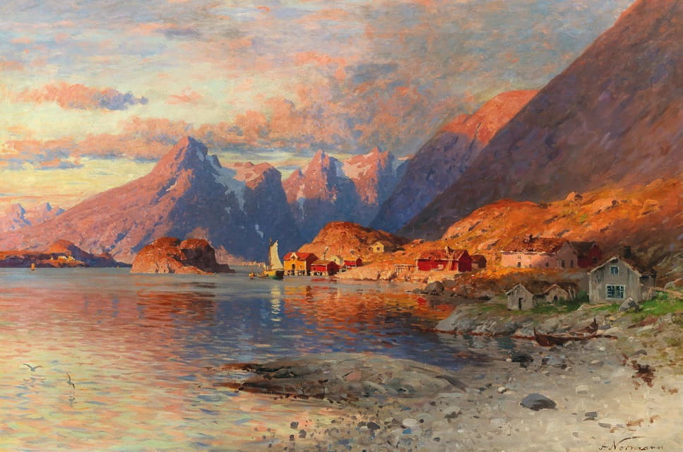 Adelsteen Normann - A Fjord Landscape at Sunset