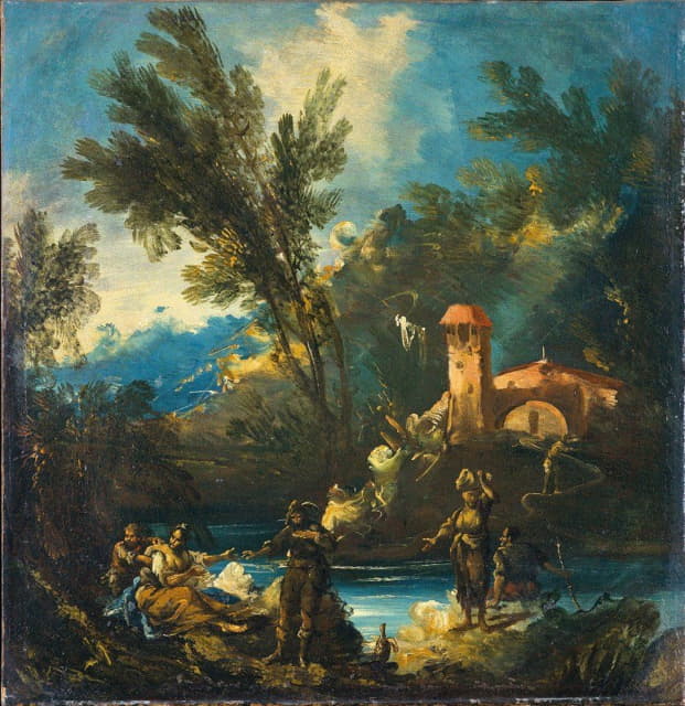Antonio Francesco Peruzzini - A wooded river landscape with figures