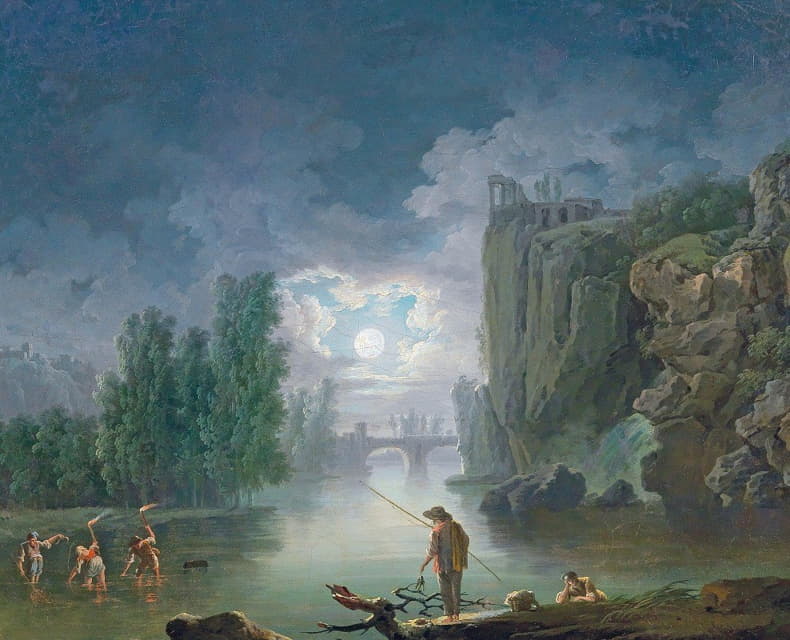 月光下的河景，渔民在火把下劳作，右侧背景是维斯塔神庙