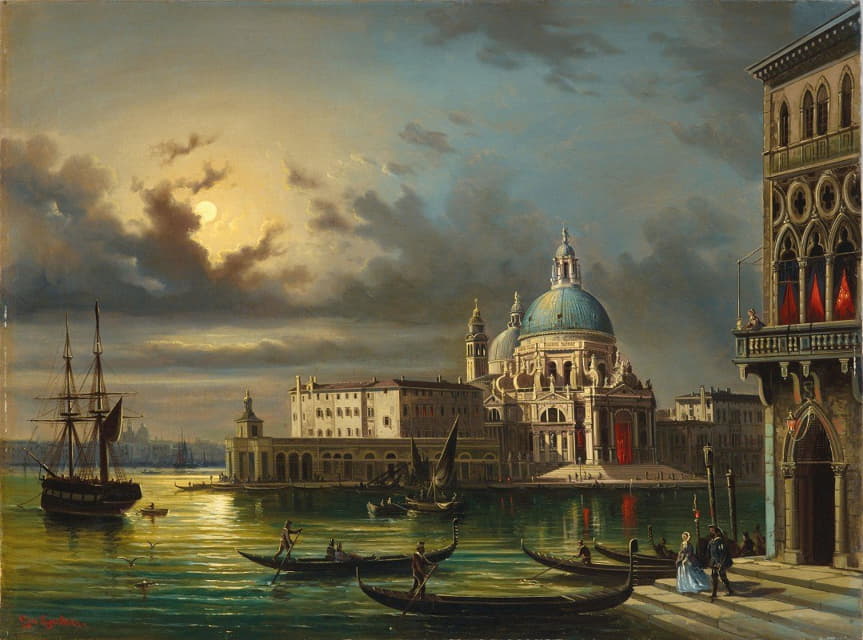 Giovanni Grubacs - The Punta della Dogana and Santa Maria della Salute, Venice in moonlight