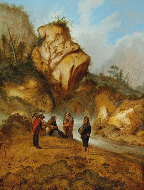 Jacobus Sibrandi Mancadan - A rocky landscape with miners at a waterfall