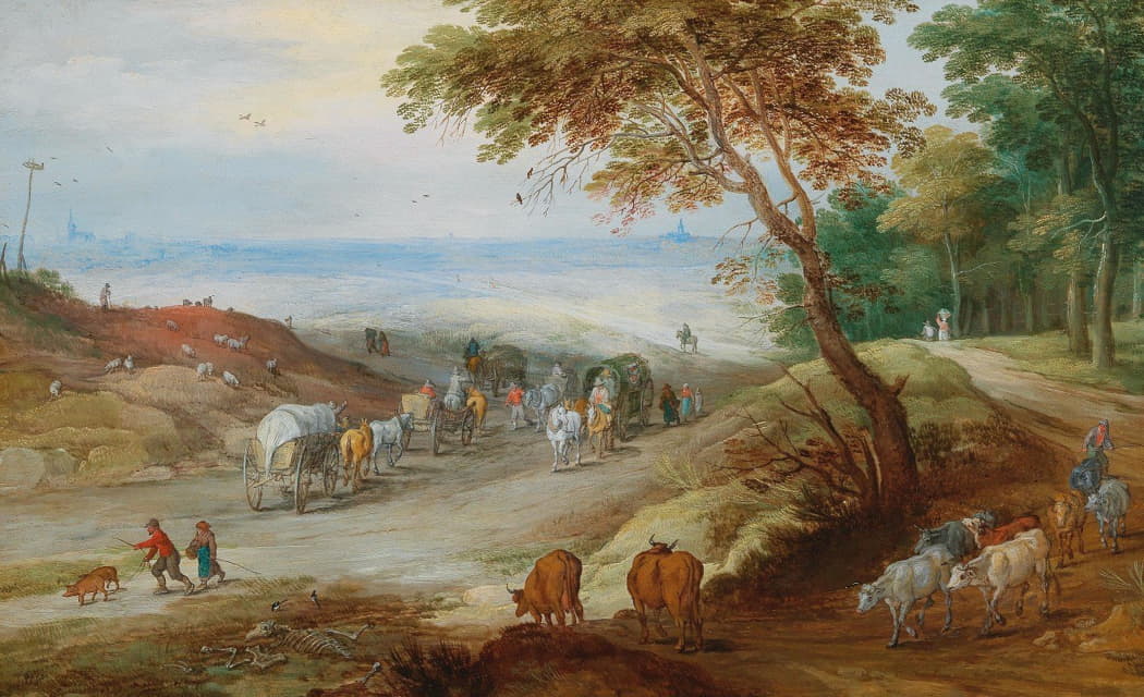 一片广阔的丘陵地带，游客在小路上，牛在前景中