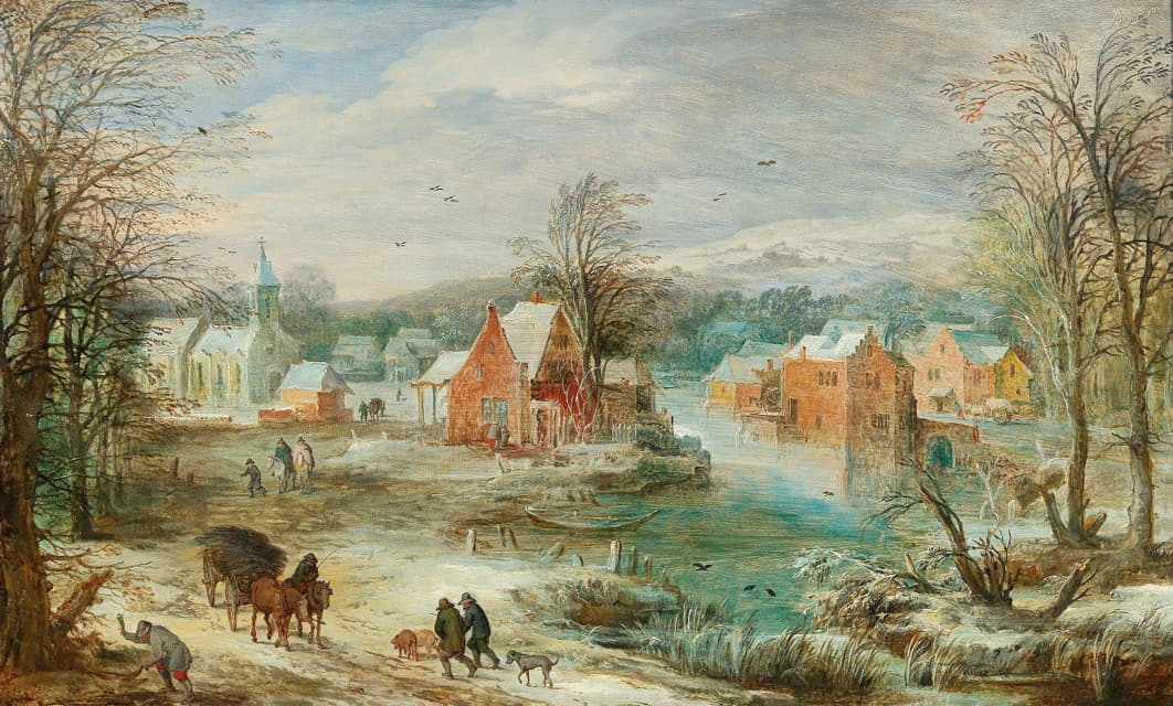 一个冬天的风景，一个村庄和一条小路上的旅行者
