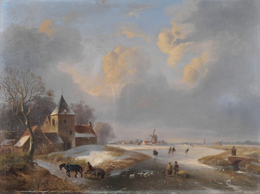 Louis Pierre Verwee - Winter Landscape with Ice Skaters