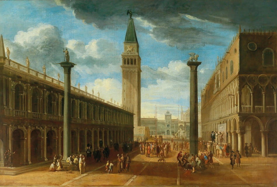 从广场向北眺望威尼斯钟楼的圣马可广场