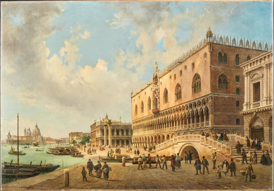 威尼斯的多格宫、皮亚泽塔和图书馆，以及远处的安康圣母教堂