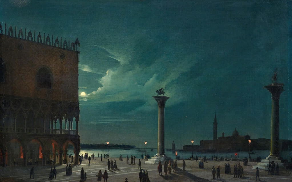 Luigi Querena - Venice the Piazzetta in the moonlight
