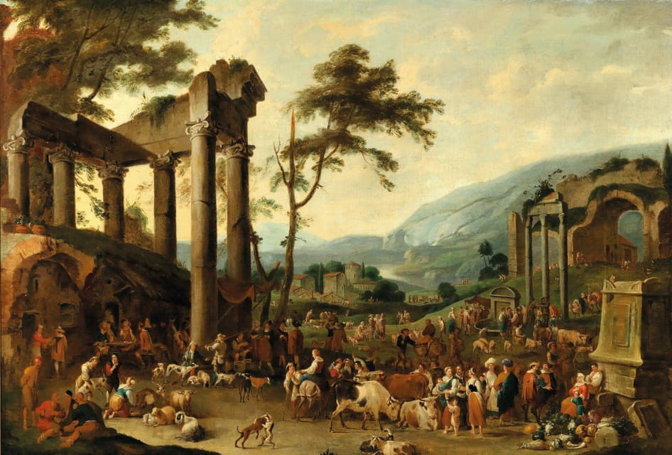 Peeter van Bredael - An italianate landscape with a market scene