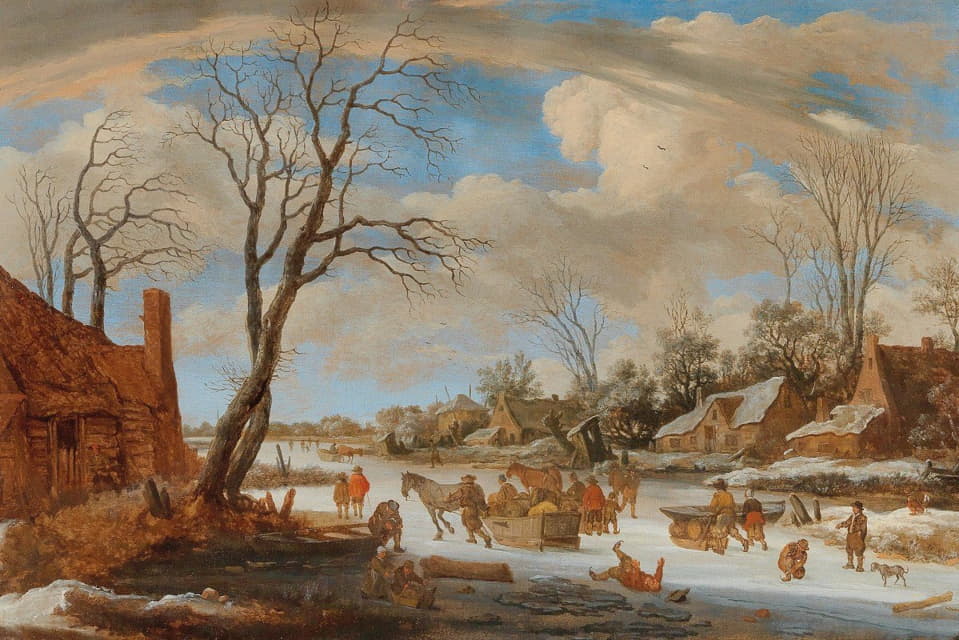冬季风景，游客和其他人物在冰上