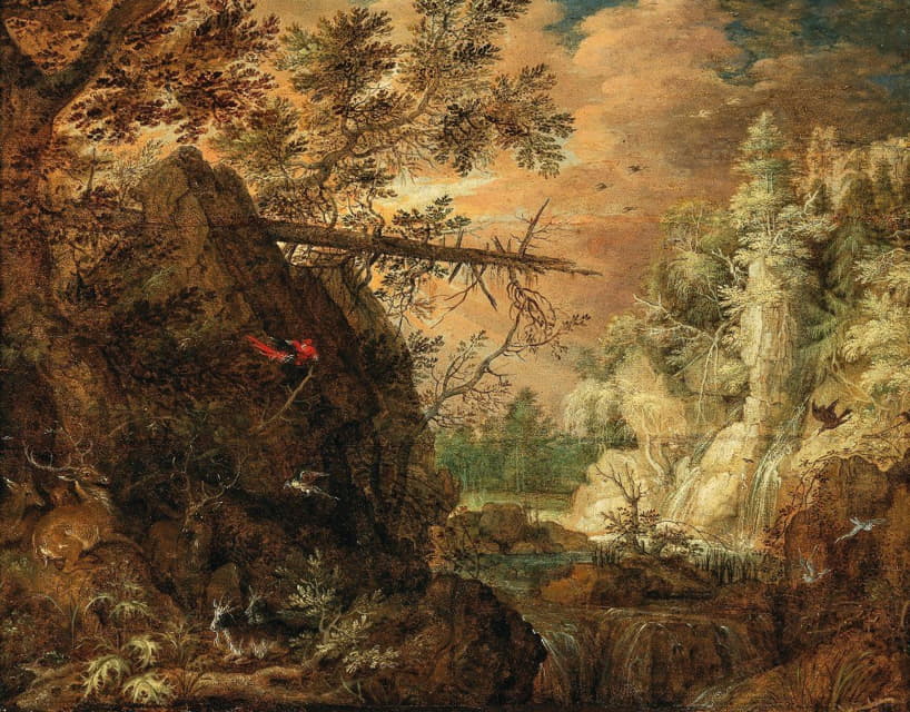 Roelant Savery - A rocky wooded landscape with a waterfall
