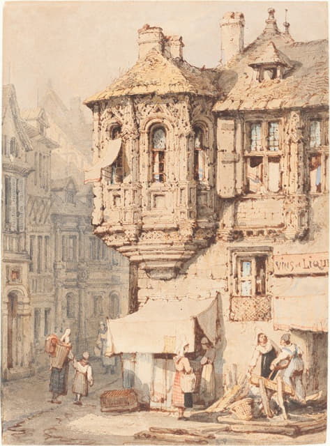 Samuel Prout - French Street Scene with a Medieval Turret