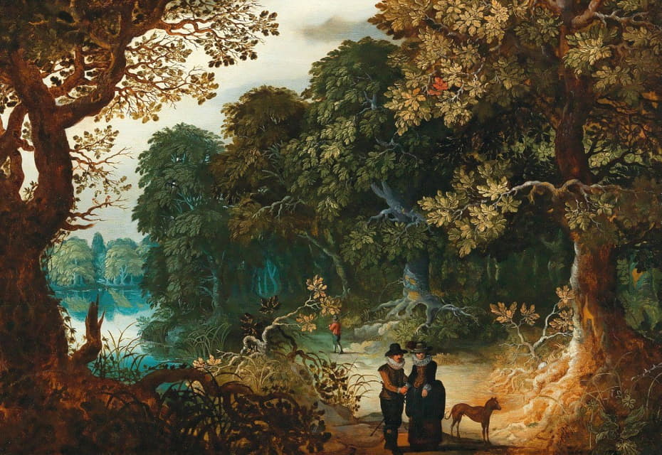 Sebastian Vrancx - A wooded landscape with an amorous couple