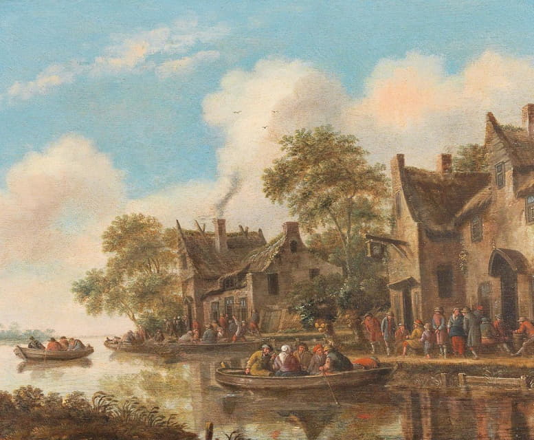Thomas Heeremans - River landscape with ferry boats and a tavern
