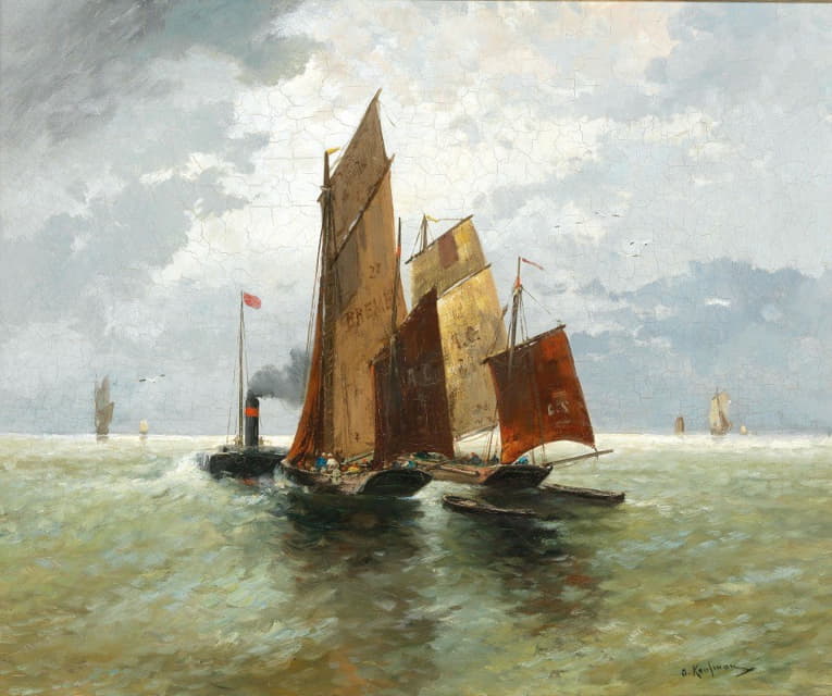 Adolf Kaufmann - Steamboat and Fishing Boats at Sea