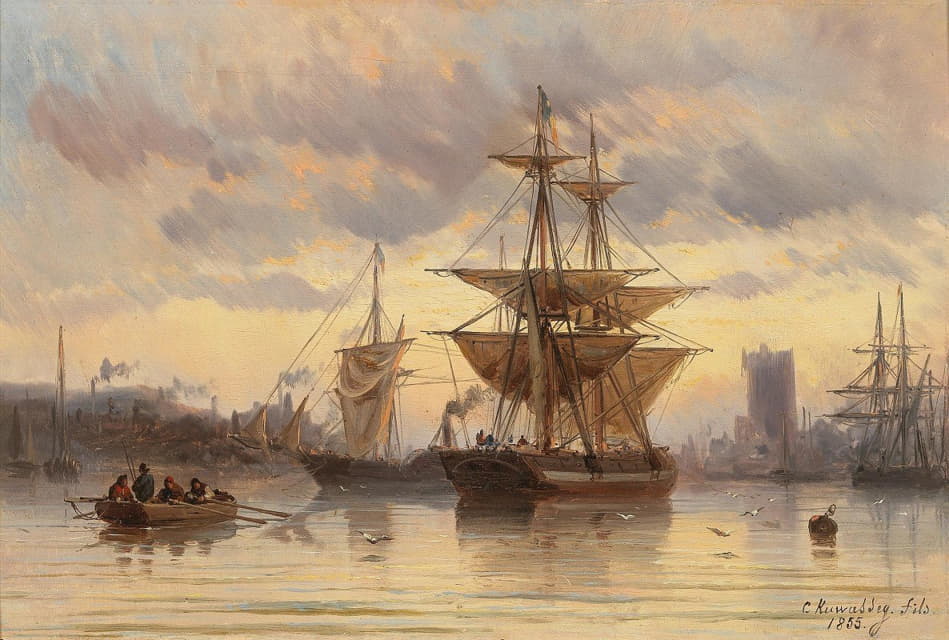 Carl Joseph Kuwasseg - Sailing Ships in a Harbour
