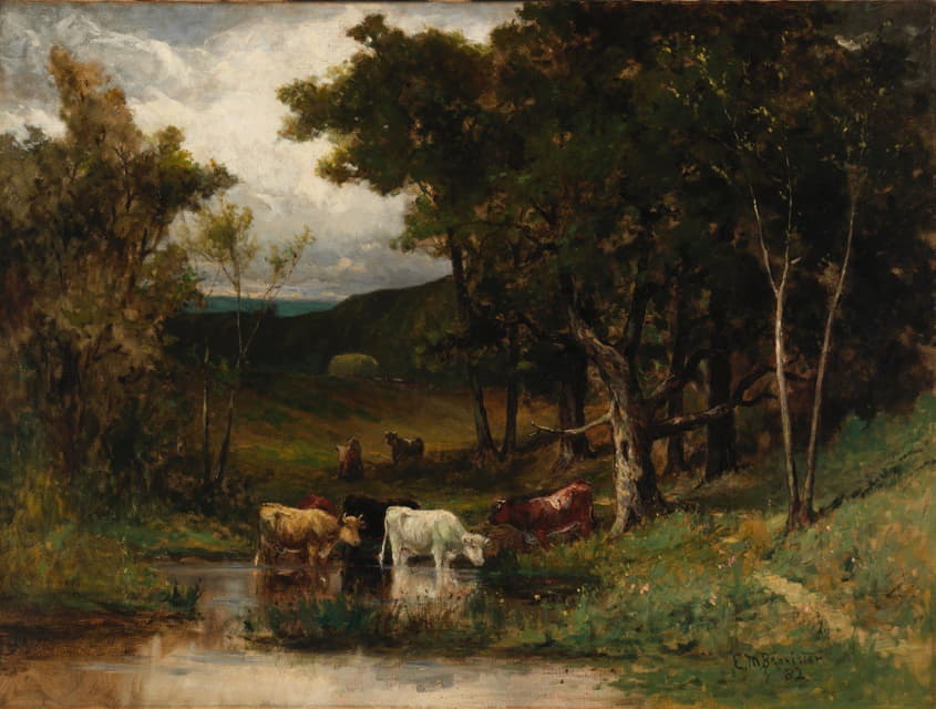 Edward Mitchell Bannister - Untitled (landscape with cows in stream near trees)