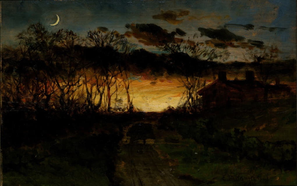 Edward Mitchell Bannister - Untitled (sunset with quarter moon and farmhouse)