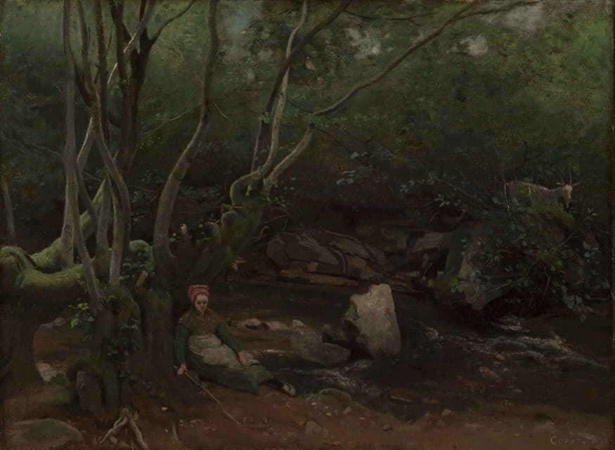 坐在森林中的溪流旁的洛美山羊姑娘