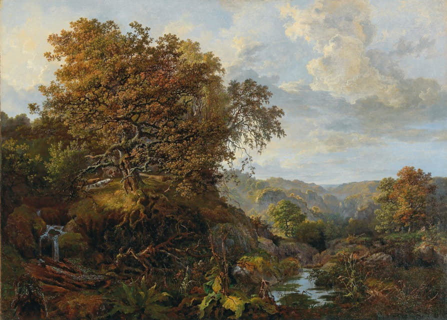 Vladimir Osipovich Sherwood - A landscape with a waterfall and hounds,