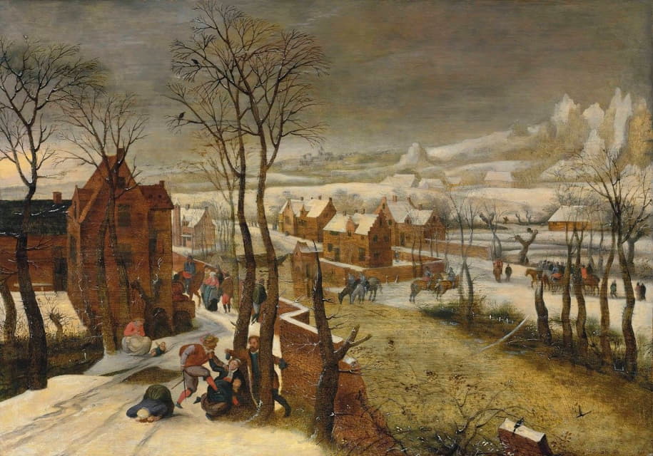 冬季的村庄景观和无辜者的屠杀