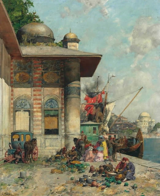 Alberto Pasini - Market Day, A Capriccio Of The Old City Shores, Constantinople