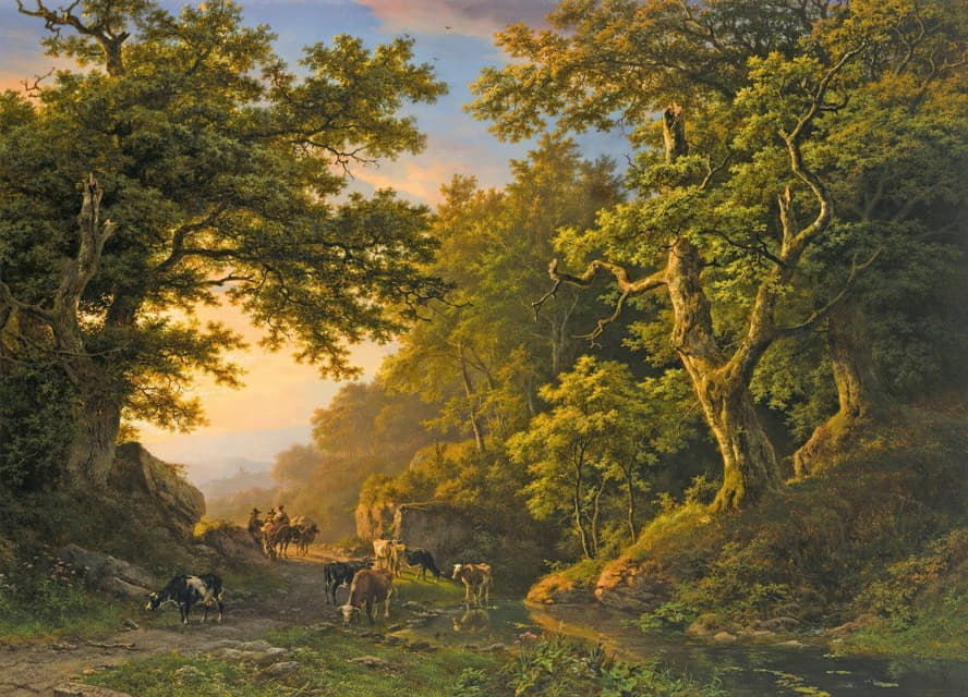 Barend Cornelis Koekkoek - Figures In A Wooded Landscape