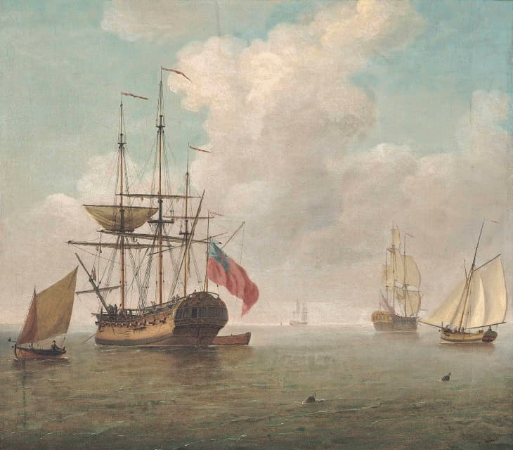 Charles Brooking - A Small Man-O’war At Anchor With Cutters Under Sail