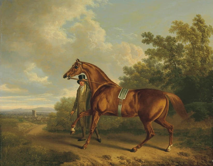 Charles Towne - A Chestnut Hunter And His Groom In A Landscape