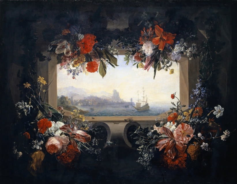 Johann Rudolf Bys - Flower Still Life; Cartouche With Garland, Inside A View Of A Seaport