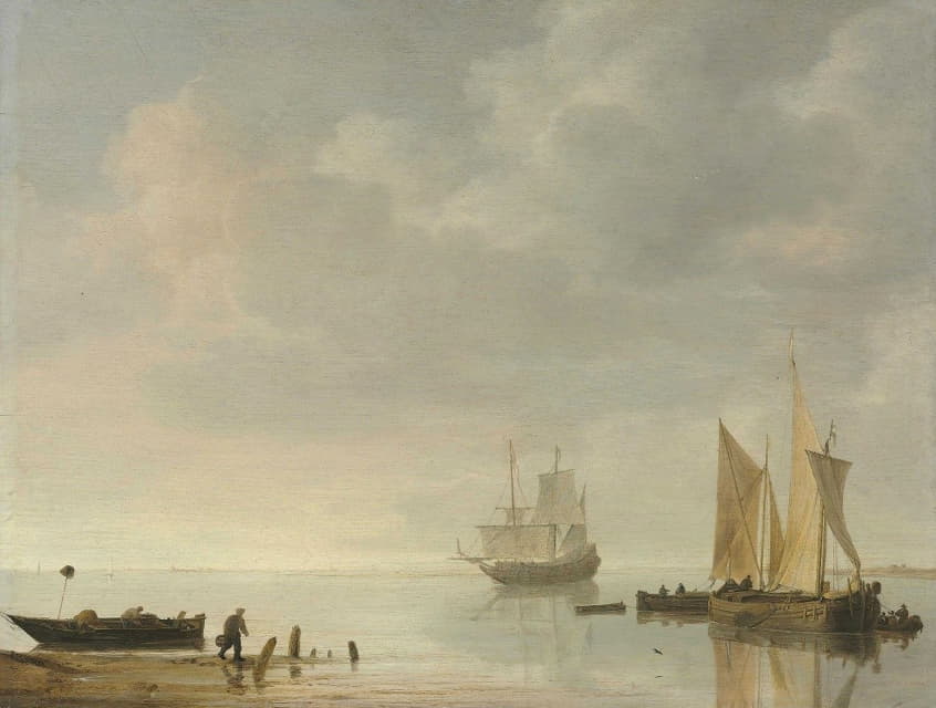 Simon de Vlieger - Coastal Scene With Ships Resting On Calm Waters