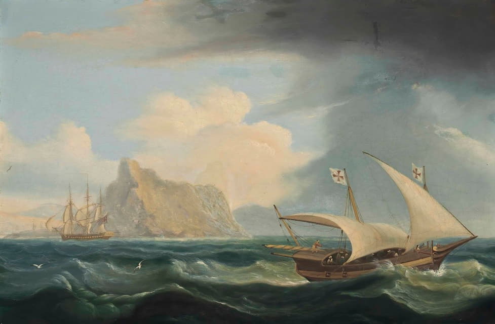 直布罗陀海峡的一艘英国军舰和一艘马耳他 Xebec 帆船