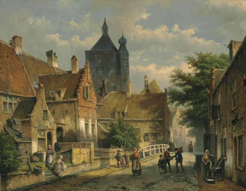 阳光普照的荷兰街道上的村民