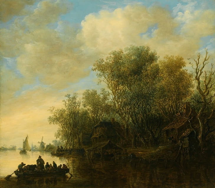 一艘满载货物的渡船驶向繁忙河岸的河流风景画
