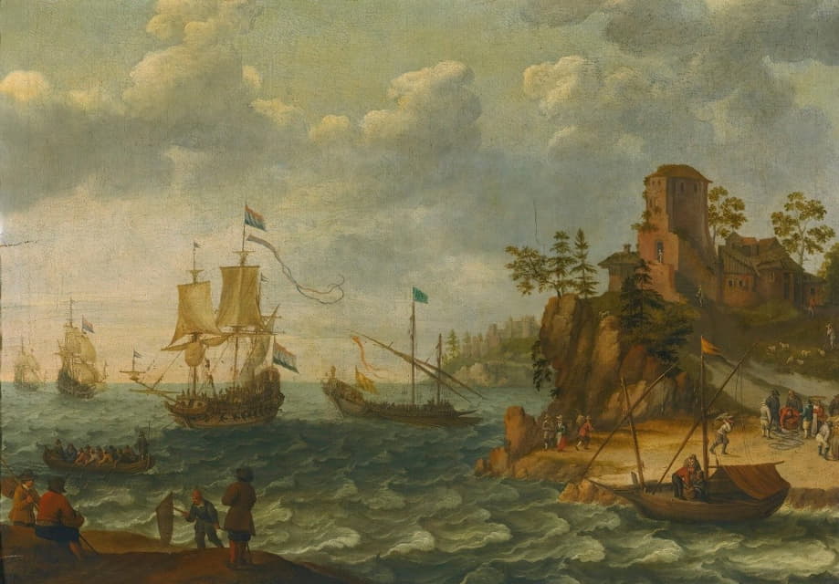 Abraham Willaerts - Ships Moored Off A Rocky Coastline With Fishermen Unloading Their Catch