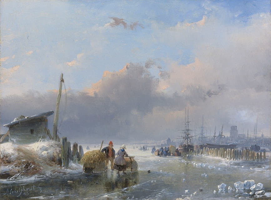 Andreas Schelfhout - A view of Dordrecht in winter