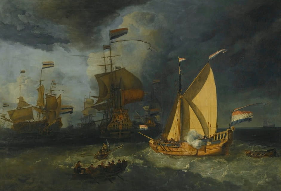 荷兰舰队在海上，一艘国家游艇向他们敬礼