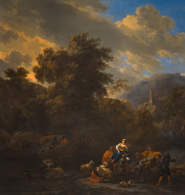 意大利人在河岸上用人物和驮畜描绘风景