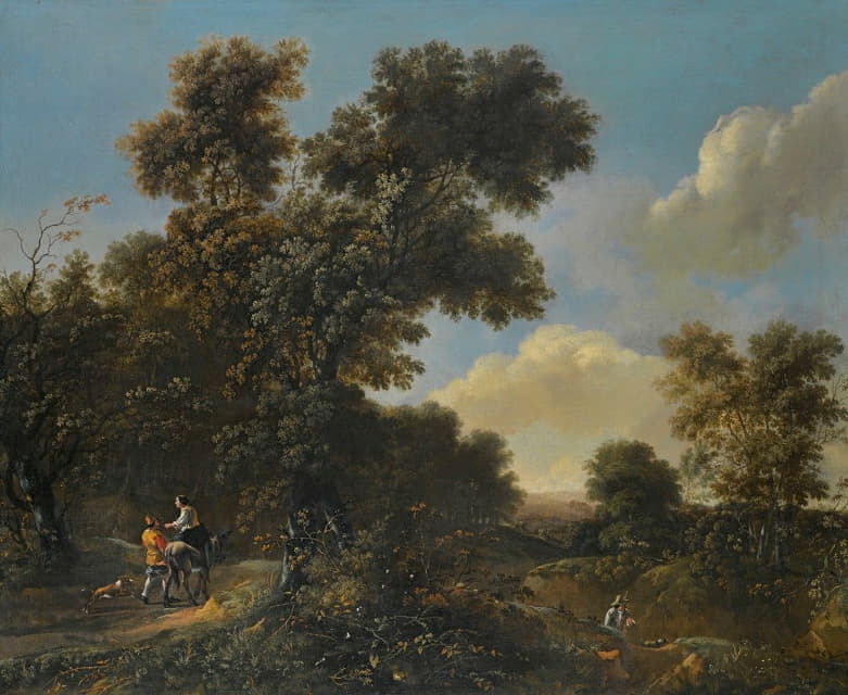 Adriaen Hendriksz. Verboom - A wooded landscape with travellers on a sandy path