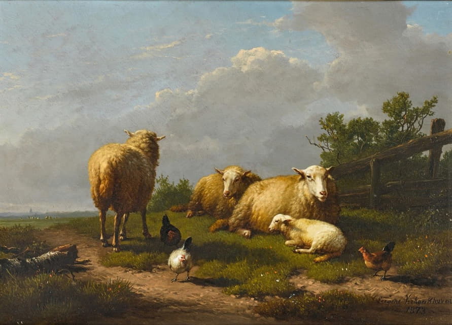 风景中的羊和鸡