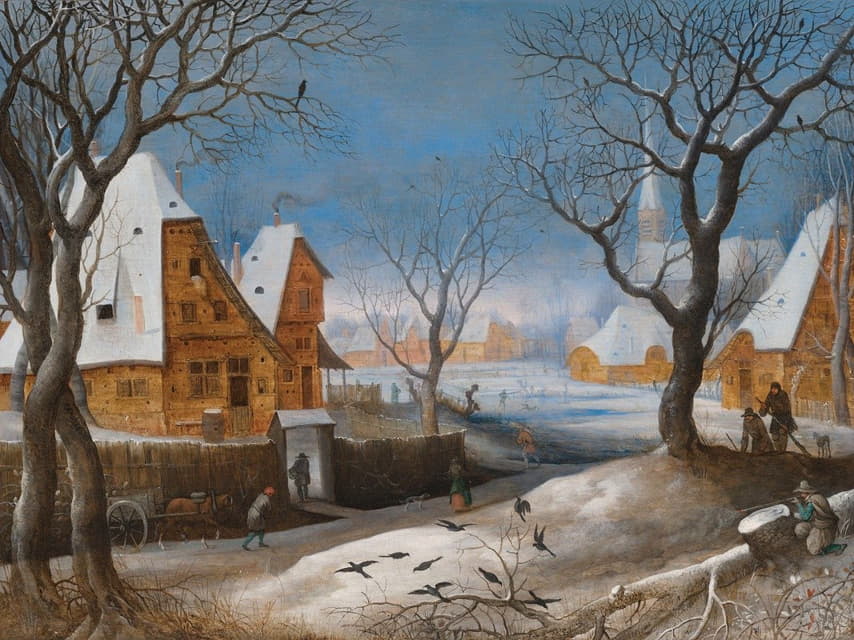 Adriaen van Stalbemt - A winter landscape, with figures in a village
