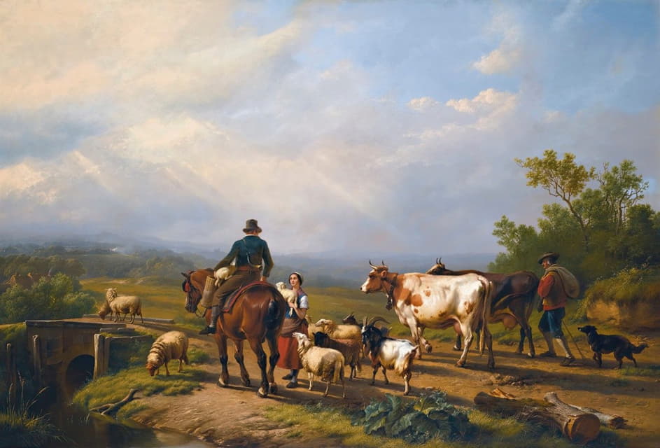 骑手在广阔的风景中与牧羊女交谈