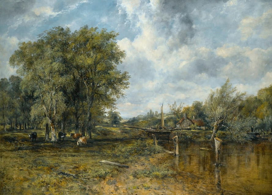 Frederick Waters Watts - A Wooded Landscape With Cattle And A Cottage Beyond