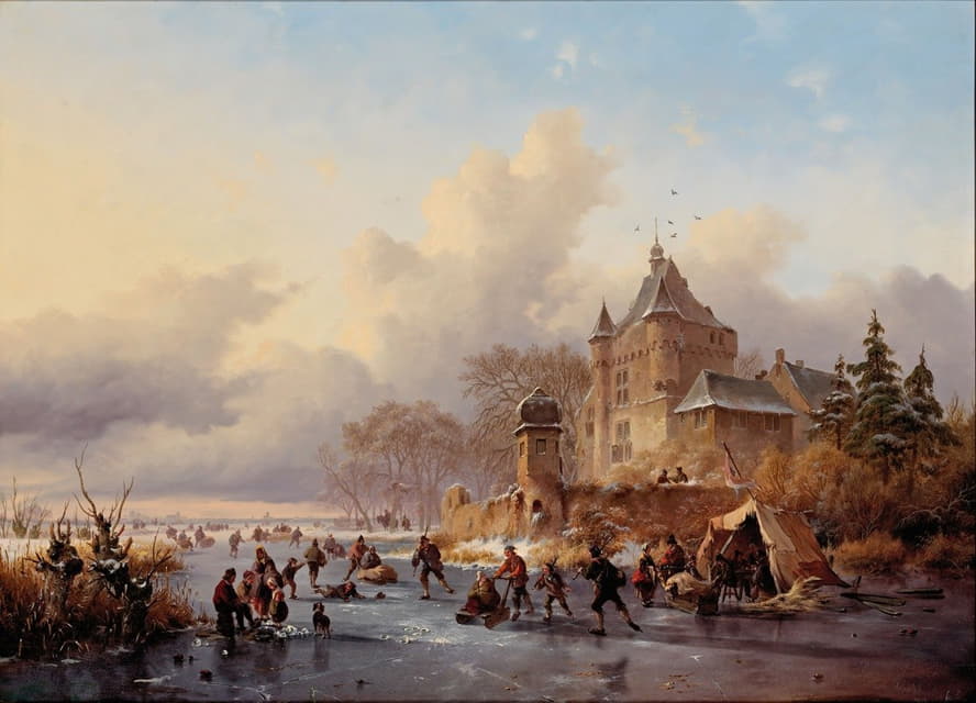 Frederik Marinus Kruseman - A winter landscape with activites on the ice near a castle