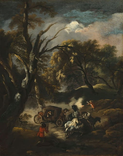 Pandolfo Reschi - A wooded landscape with bandits ambushing a carriage